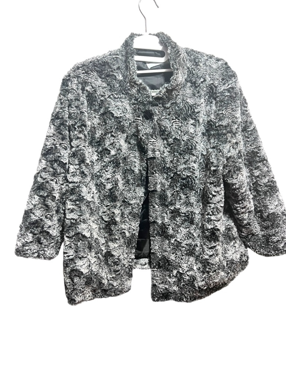 Alfred Dunner Faux Fur Swirl Jacket Black Gray 12 Petite luxury glam show piece